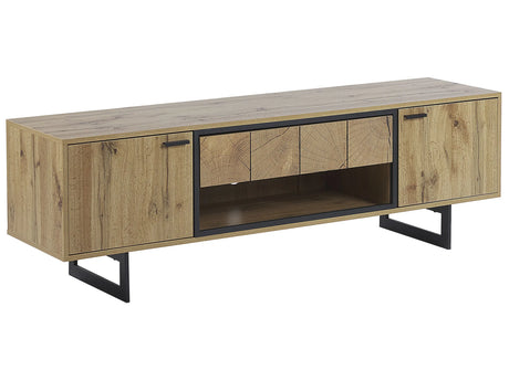 TV Stand Light Wood and Black Particle Board for up to 66  with  2 Doors Industrial Style Beliani