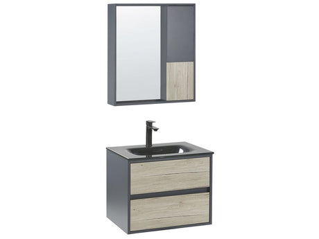 4 Piece Bathroom Furniture Set Grey MDF 60 cm Cabinet Ceramic Basin Hanging Cabinet with Mirror Beliani