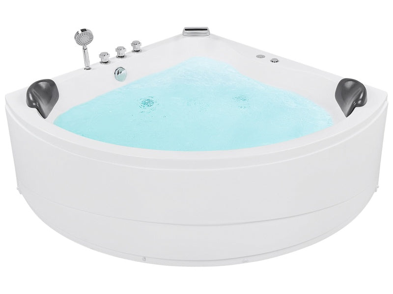 Corner Bath White Acrylic 140 x 140 cm 2 People Massage Jets Headrests underwater LED Whirlpool Beliani