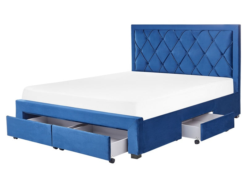 Storage Bed Blue Velvet Upholstery EU King Size 5ft3 Tufted Tall Headboard Drawers Glam Design  Beliani