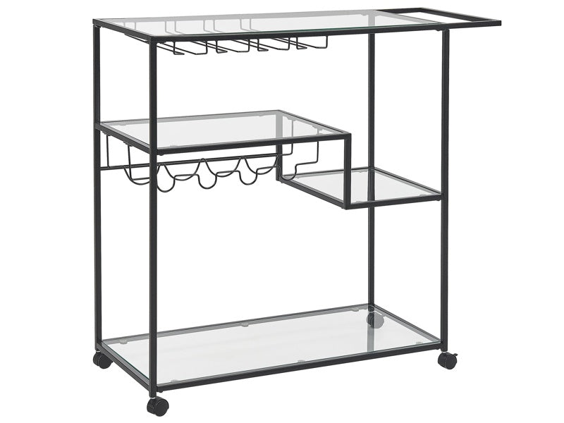 Kitchen Trolley Black Iron Tempered Glass 86 x 40 cm Industrial Castors with Brakes Bottle Rack Shelves Dining Room Beliani