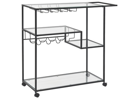 Kitchen Trolley Black Iron Tempered Glass 86 x 40 cm Industrial Castors with Brakes Bottle Rack Shelves Dining Room Beliani