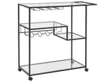 Kitchen Trolley Black Iron Tempered Glass 86 x 40 cm Industrial Castors with Brakes Bottle Rack Shelves Dining Room Beliani