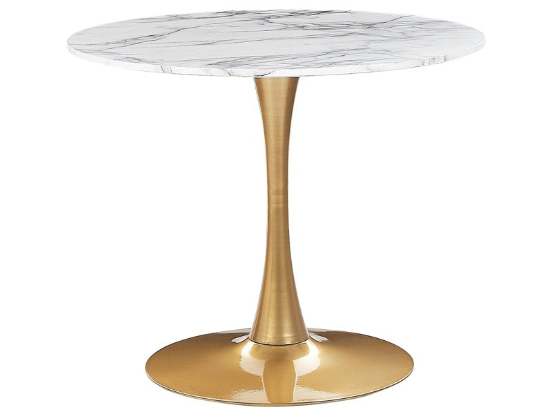 Dining Table White Marble with Gold MDF Top Metal Base ø 90 cm Industrial Round Kitchen Table Beliani