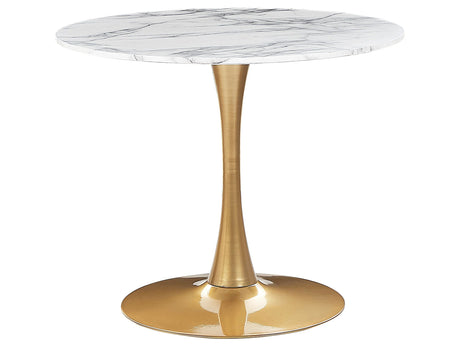 Dining Table White Marble with Gold MDF Top Metal Base  90 cm Industrial Round Kitchen Table Beliani