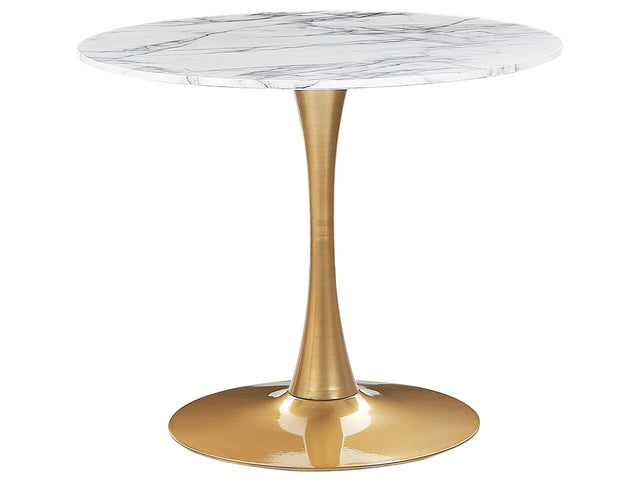 Dining Table White Marble with Gold MDF Top Metal Base  90 cm Industrial Round Kitchen Table Beliani