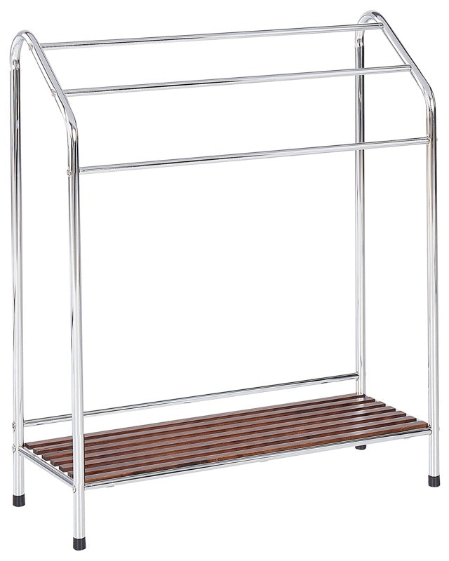 Towel Stand Silver Steel Glossy Dark Pine Wood Shelf 3 Rails Standing Towel Rack Modern Bathroom Accessories Beliani