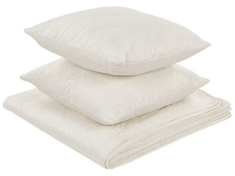 Bedspread Off-White Polyester Fabric 140 x 210 cm with Cushions Embossed Pattern Decorative Throw Bedding Classic Design Bedroom Beliani