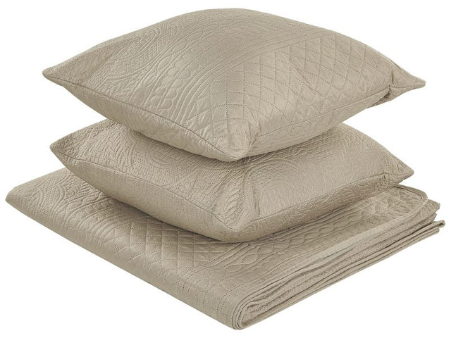 Bedspread Taupe Polyester Fabric 160 x 220 cm with Cushions Embossed Pattern Decorative Throw Bedding Classic Design Bedroom Beliani