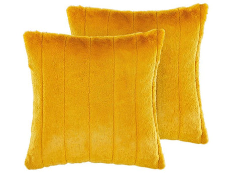 Set of 2 Throw Cushions Yellow Polyester 45 x 45 cm Glam Embossed Zipper Furry Living Room Bedroom Beliani