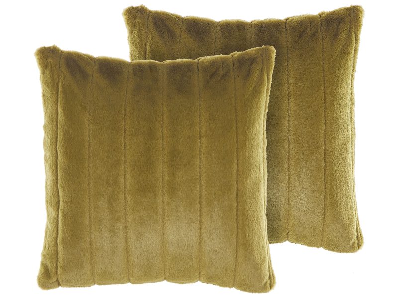 Set of 2 Throw Cushions Green Polyester 45 x 45 cm Glam Embossed Zipper Furry Living Room Bedroom Beliani