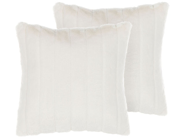 Set of 2 Throw Cushions White Polyester 45 x 45 cm Glam Embossed Zipper Furry Living Room Bedroom Beliani