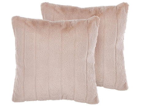 Set of 2 Throw Cushions Light Pink Polyester 45 x 45 cm Glam Embossed Zipper Furry Living Room Bedroom Beliani