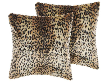 Set of 2 Throw Cushions Brown Acrylic 45 x 45 cm Glam Leopard Print Zipper Furry Living Room Bedroom Beliani