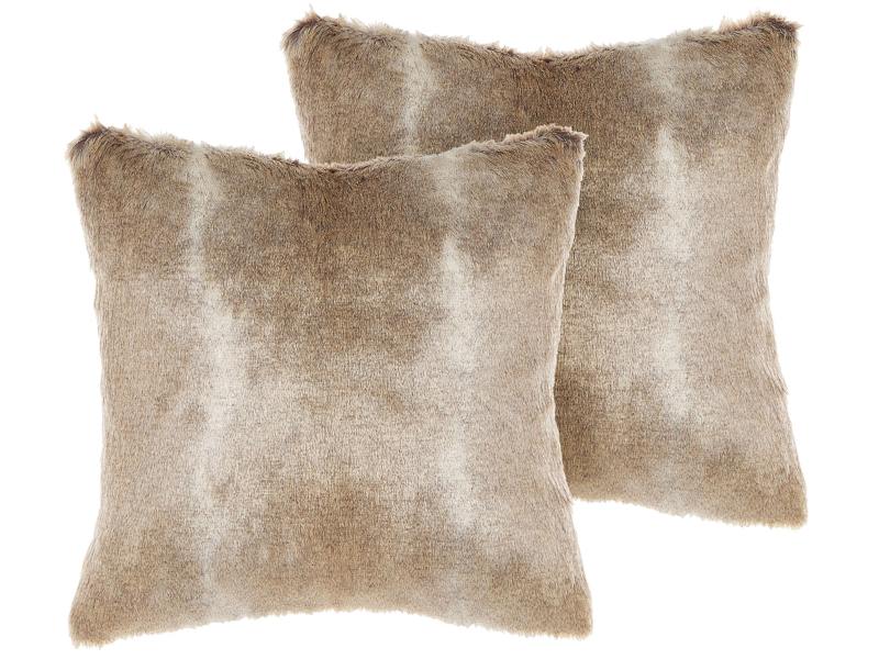 Set of 2 Throw Cushions Brown Acrylic 45 x 45 cm Boho Solid Colour Zipper Furry Living Room Bedroom Beliani