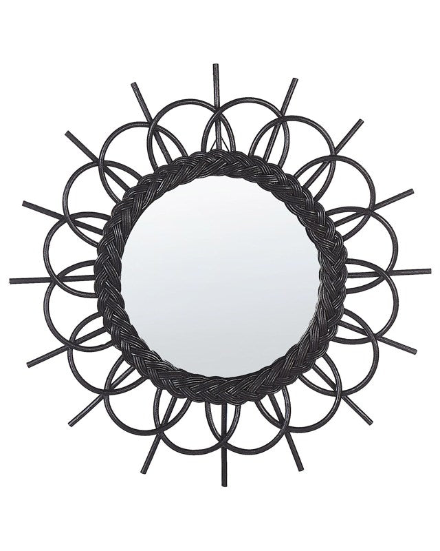 Wall Mirror Black Rattan Frame ø 60 cm Modern Sunburst Design Hanging Living Room Decoration Beliani