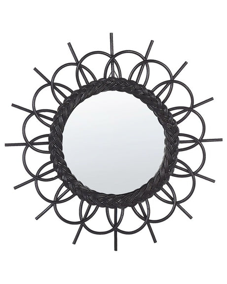 Wall Mirror Black Rattan Frame ø 60 cm Modern Sunburst Design Hanging Living Room Decoration Beliani