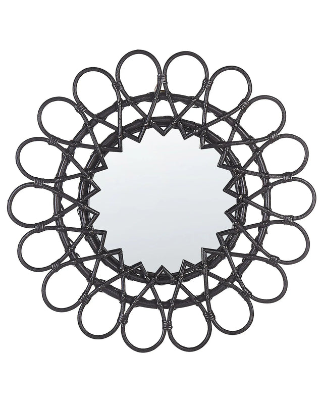 Wall Mirror Black Rattan Frame  60 cm Modern Sunburst Design Hanging Living Room Decoration Beliani