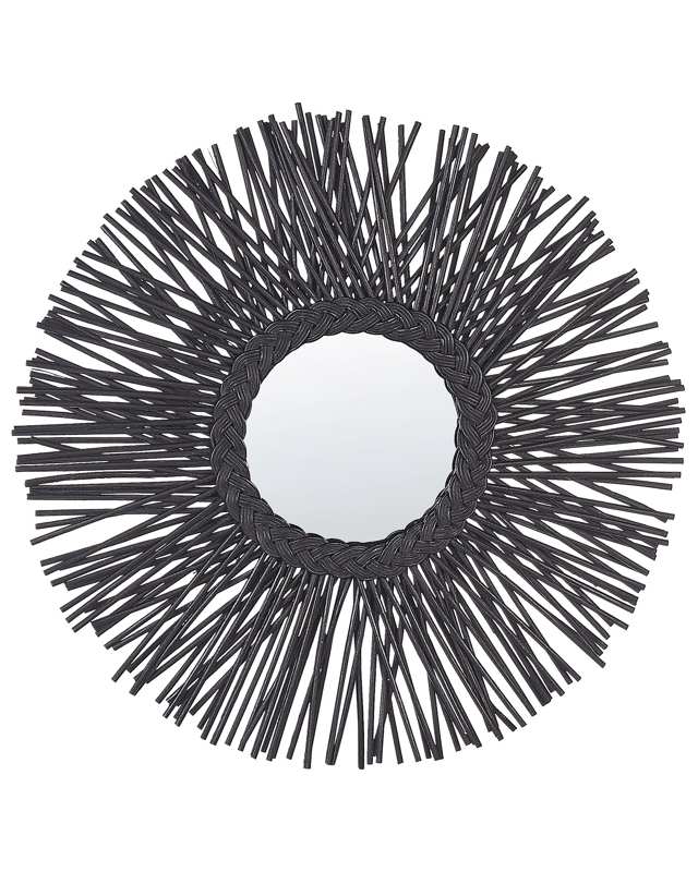 Wall Mirror Black Rattan Frame ø 60 cm Modern Sunburst Braid Design Hanging Living Room Decoration Beliani