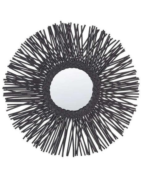 Wall Mirror Black Rattan Frame ø 60 cm Modern Sunburst Braid Design Hanging Living Room Decoration Beliani