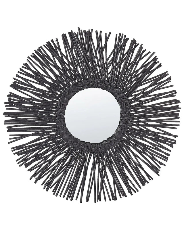Wall Mirror Black Rattan Frame  60 cm Modern Sunburst Braid Design Hanging Living Room Decoration Beliani