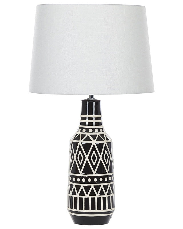 Table Lamp Black Ceramic Base 68 cm White Fabric Shade Classic Bedside Table Light Beliani