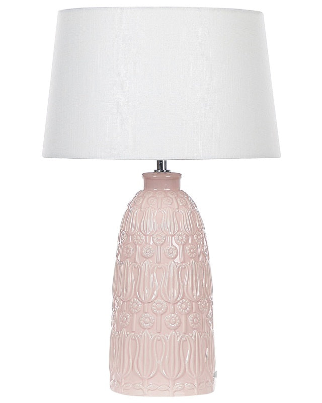 Table Lamp Pink Ceramic Adorned Base White Fabric Shade Boho Rustic Design Home Lightning Beliani