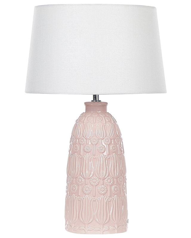 Table Lamp Pink Ceramic Adorned Base White Fabric Shade Boho Rustic Design Home Lightning Beliani