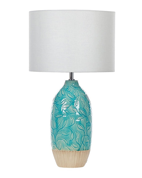 Table Lamp Turquoise Ceramic Adorned Base White Fabric Shade Boho Rustic Design Home Lightning Beliani