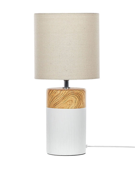 Table Lamp White and Light Wood Ceramic Base 43 cm Beige Fabric Shade Classic Bedside Table Light Beliani