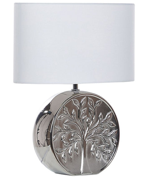 Table Lamp Silver Ceramic 49 cm Glam Night Light Shade Tree Motif Glossy Bedroom Living Room Beliani