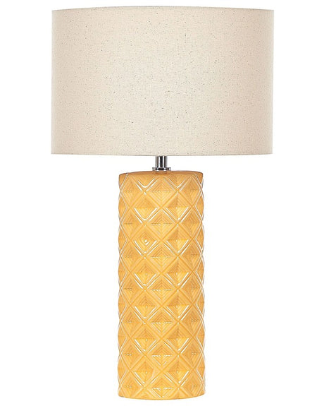 Table Lamp Yellow Ceramic 49 cm Geometric Pattern Beige Drum Shade Bedside Living Room Bedroom Lighting Beliani