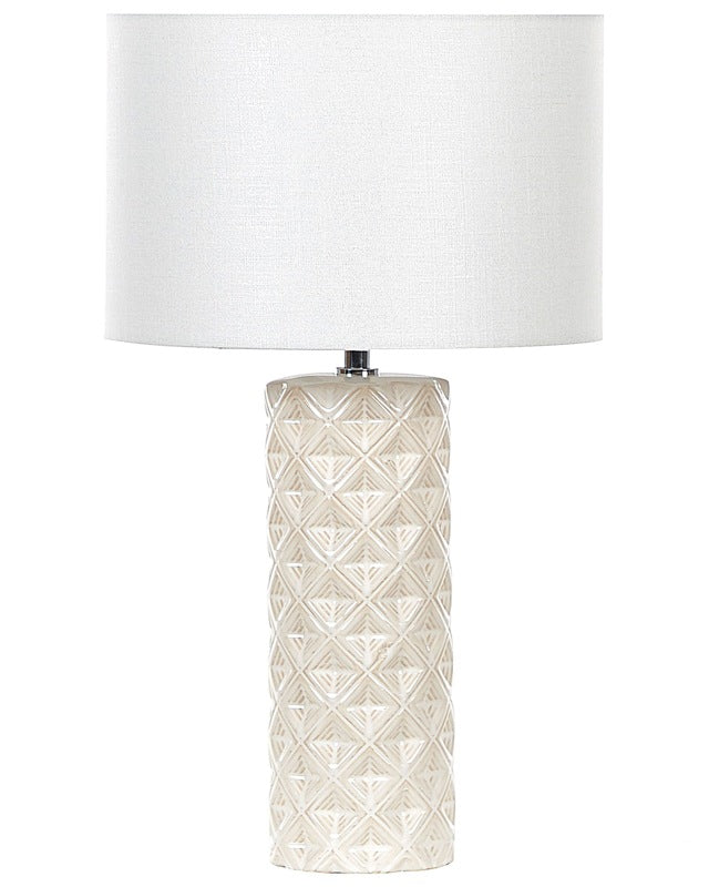 Table Lamp Light Beige Ceramic 49 cm Geometric Pattern White Drum Shade Bedside Living Room Bedroom Lighting Beliani