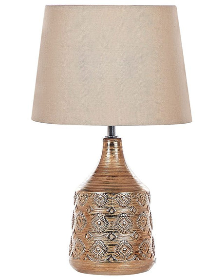 Table Lamp Golden Brown Ceramic 47 cm Geometric Pattern Beige Empire Shade Bedside Living Room Bedroom Lighting Retro Style Beliani