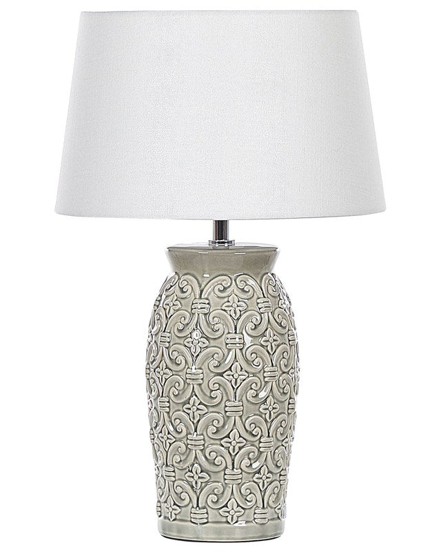 Table Lamp Grey Ceramic 48 cm Ornamental Pattern White Empire Shade Bedside Living Room Bedroom Lighting Beliani