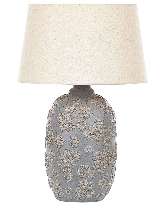 Table Lamp Grey and Beige Ceramic 46 cm Floral Pattern Empire Shade Bedside Living Room Bedroom Lighting Beliani