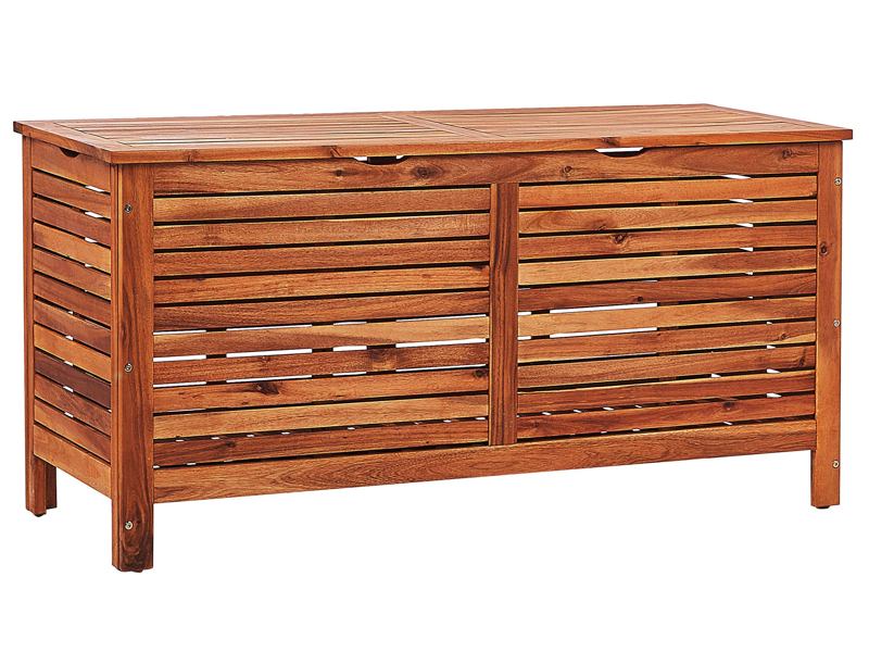 Garden Storage Box Dark Wood Acacia 130 x 64 cm Lid Outdoor Patio Furniture Beliani