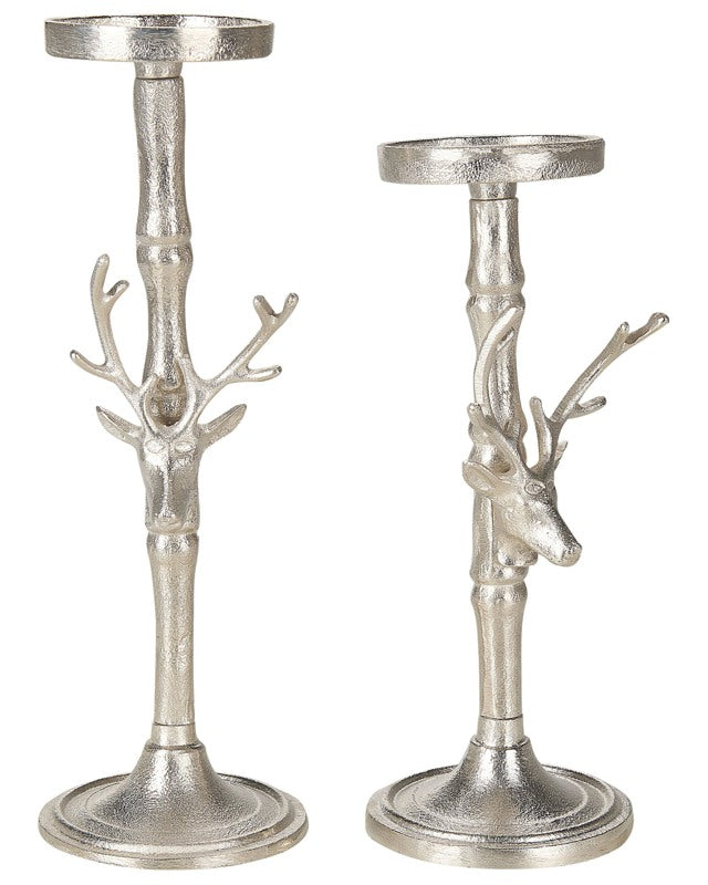 Set of 2 Candlesticks Silver Metal Glamour Handmade Deer Heads Dining Room Bedroom Beliani