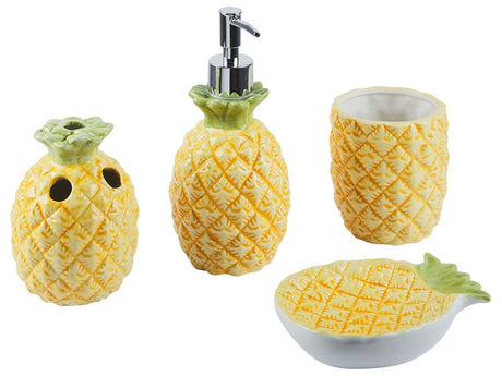 Bathroom Accessories Set Yellow Dolomite Modern Soap Dispenser Soap Dish Toothbrush Holder Container Pineapple Beliani