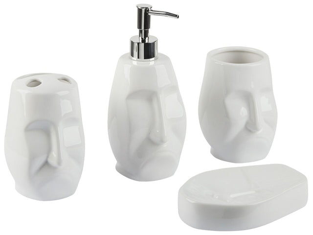 Bathroom Accessories Set White Dolomite Boho Face-Shaped Soap Dispenser Soap Dish Toothbrush Holder Container Tumbler Beliani