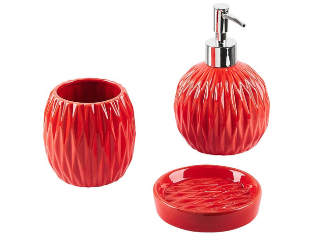 3-Piece Bathroom Accessories Set Red Dolomite Glam Soap Dispenser Soap Dish Toothrbrush Holder Cup Beliani