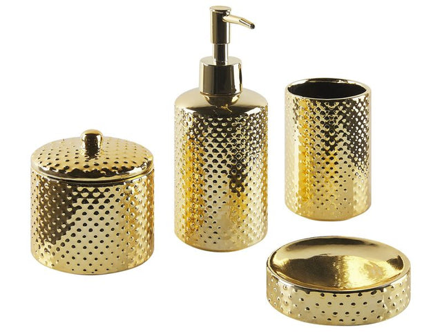 4-Piece Bathroom Accessories Set Black and Beige Dolomite Glam Soap Dispenser Soap Dish Toothrbrush Holder Cup Beliani