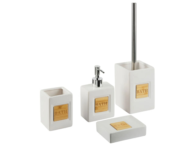 Bathroom Accessories Set Beige Dolomite Matt Minimalist Soap Dispenser Toilet Brush Container Tumbler Beliani