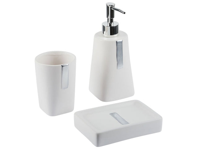 3-Piece Bathroom Accessories Set Beige Dolomite Glam Soap Dispenser Soap Dish Toothrbrush Holder Cup Beliani