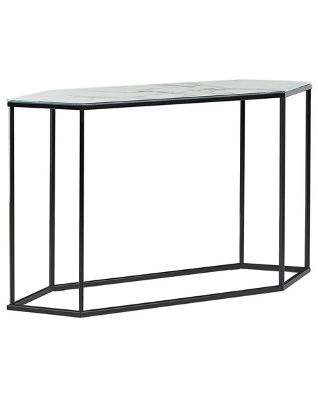 Console Table Black and White Tempered Glass Steel 120 x 35 cm Marble Effect Black Metal Legs Glamour Modern Living Room Hallway Bedroom Beliani