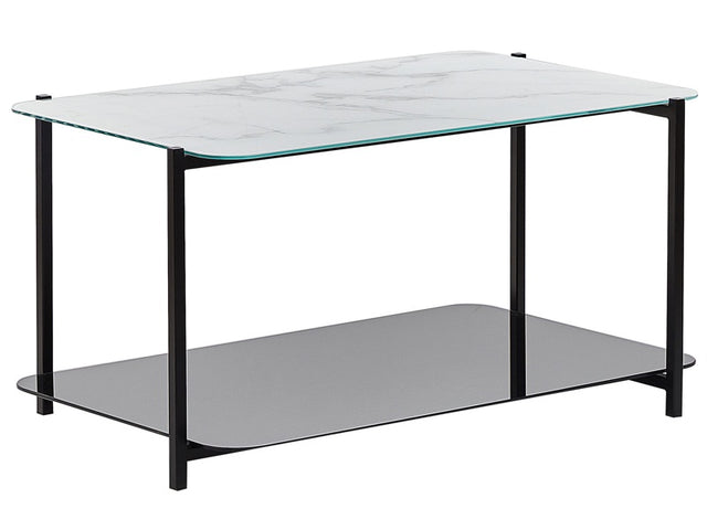 Coffee Table White and Black Steel Glass 77 x 47 cm Rectangular Marble Effect Tempered Glass Top Glam Modern Beliani