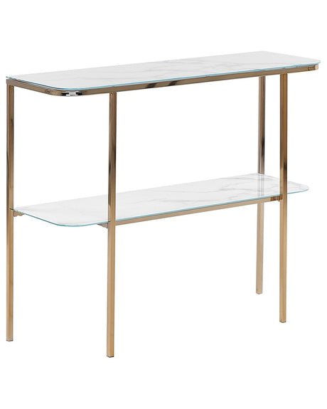 Console Table White Gold Tempered Glass Steel 100 x 35 cm Marble Effect Glam Modern Living Room Bedroom Hallway Beliani