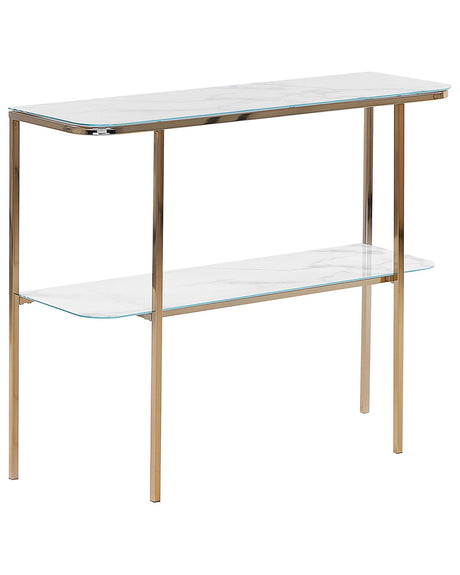 Console Table White Gold Tempered Glass Steel 100 x 35 cm Marble Effect Glam Modern Living Room Bedroom Hallway Beliani