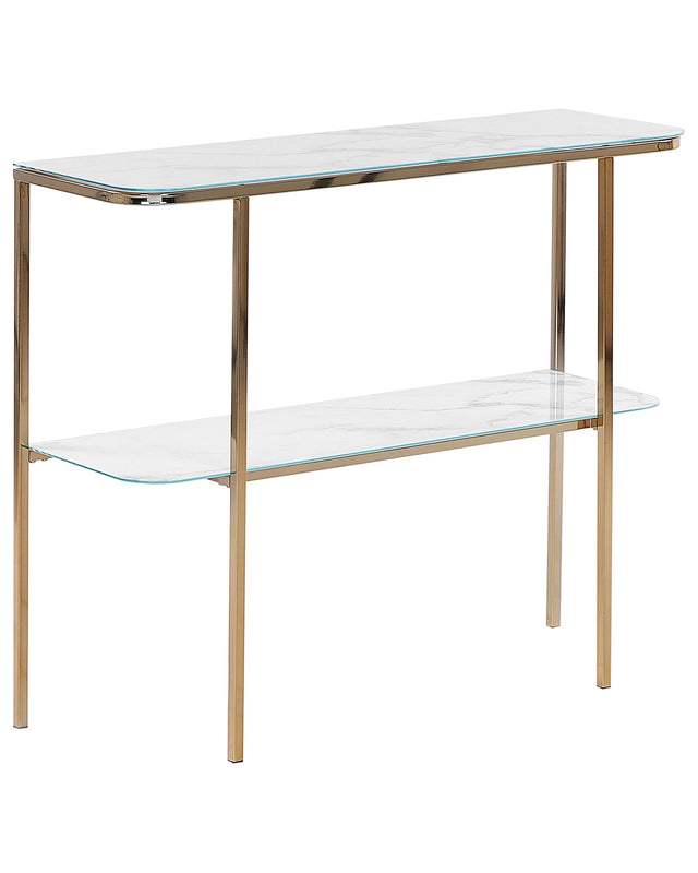 Console Table White Gold Tempered Glass Steel 100 x 35 cm Marble Effect Glam Modern Living Room Bedroom Hallway Beliani