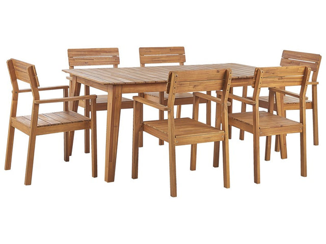 Garden Dining Set Light Acacia Wood Table 180 x 90 cm 6 Outdoor Chairs with Armrests Rustic Style Beliani